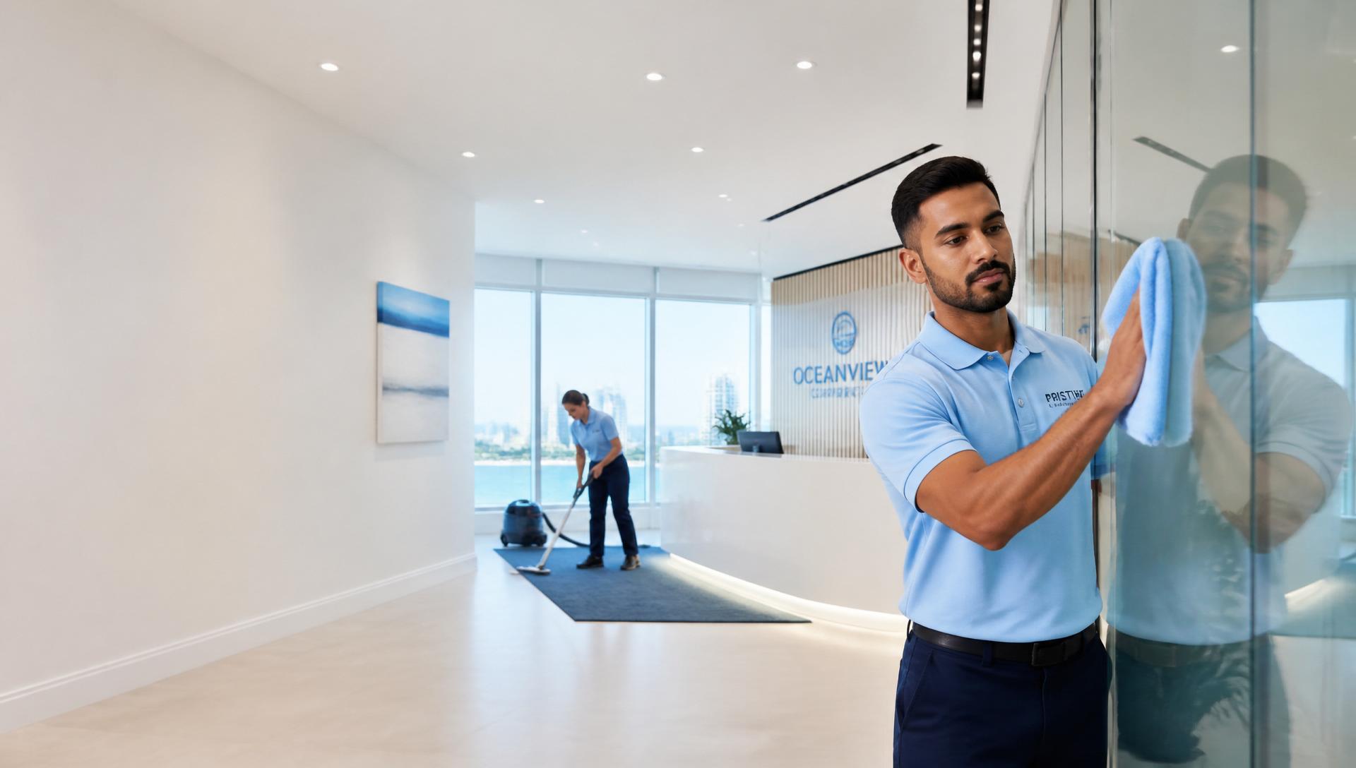 Professional cleaner in a blue uniform polishing a glass partition in a bright Gold Coast office reception